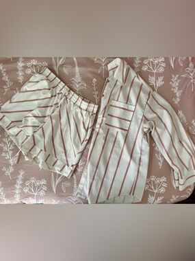 White & Cafe Au Lait Striped Matching Set | Button Down & Shorts
